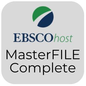 EBSCOhost logo with "MasterFILE Complete" text below it on a gray background.