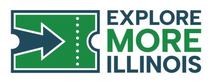 Arrow in a green ticket shape with the text "Explore More Illinois."