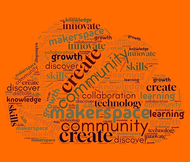 A word cloud with terms like "create," "community," "makerspace," "innovate," "skills," and "technology" on an orange background.
