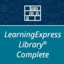 Blue and teal graphic featuring a bookshelf icon and text: "LearningExpress Library® Complete".