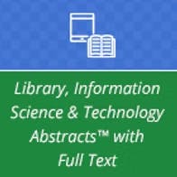 Icon of a tablet and book above the text: "Library, Information Science & Technology Abstracts™ with Full Text."