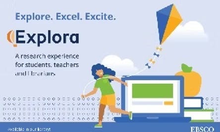 A promotional image for "Explora" with a computer, books, a student, and a kite, targeting students, teachers, and librarians by EBSCO.