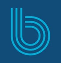 A stylized blue "b" logo with three parallel lines on a dark blue background.