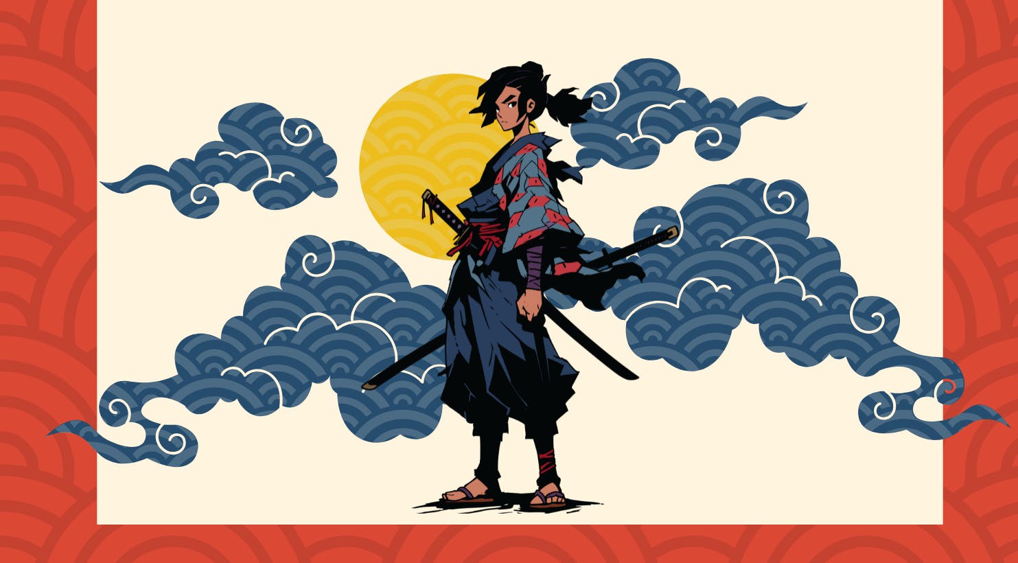 An anime character holding two katana swords standing in mist with the moon behind him.