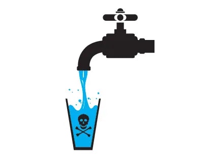 A tap dispensing blue water into a glass with a poison symbol.
