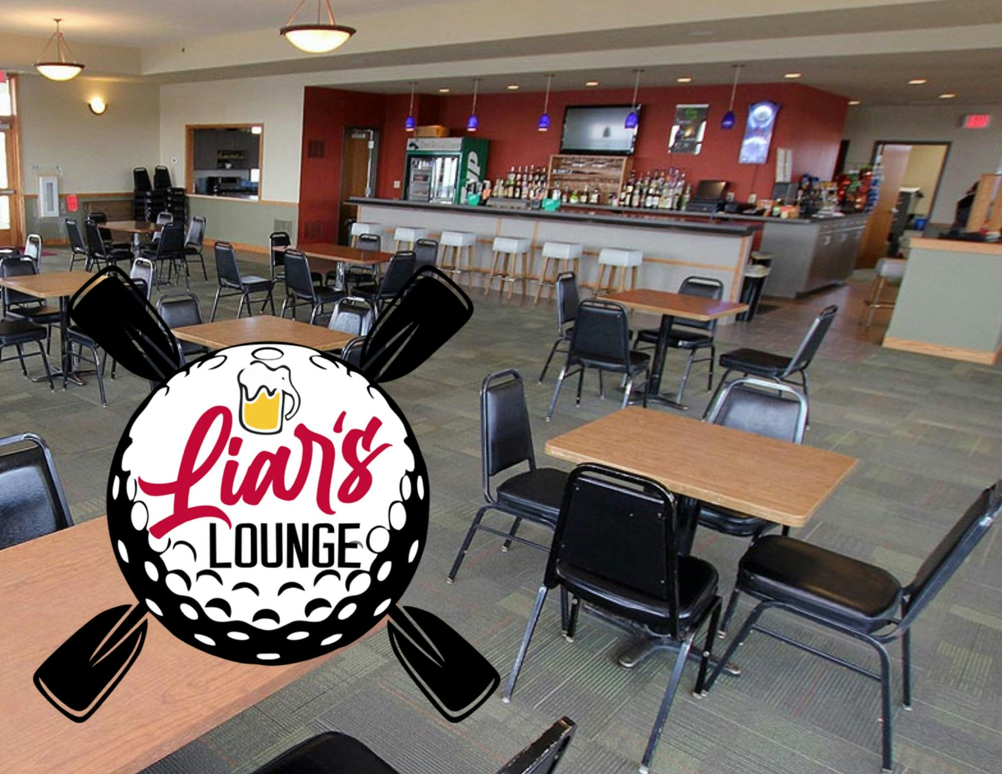 An empty bar with tables, chairs, and a logo overlay titled "Liar's Lounge."
