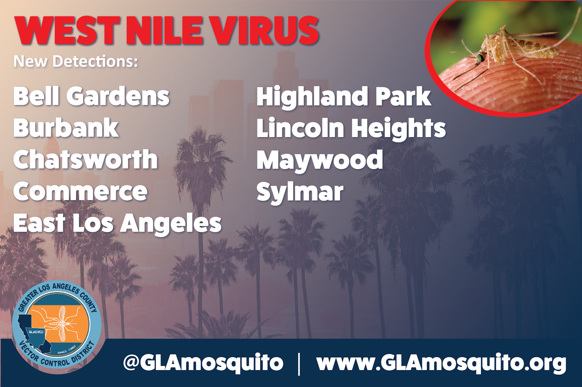 The image lists new detections of West Nile Virus in various Los Angeles areas. It includes a mosquito graphic and contact info.