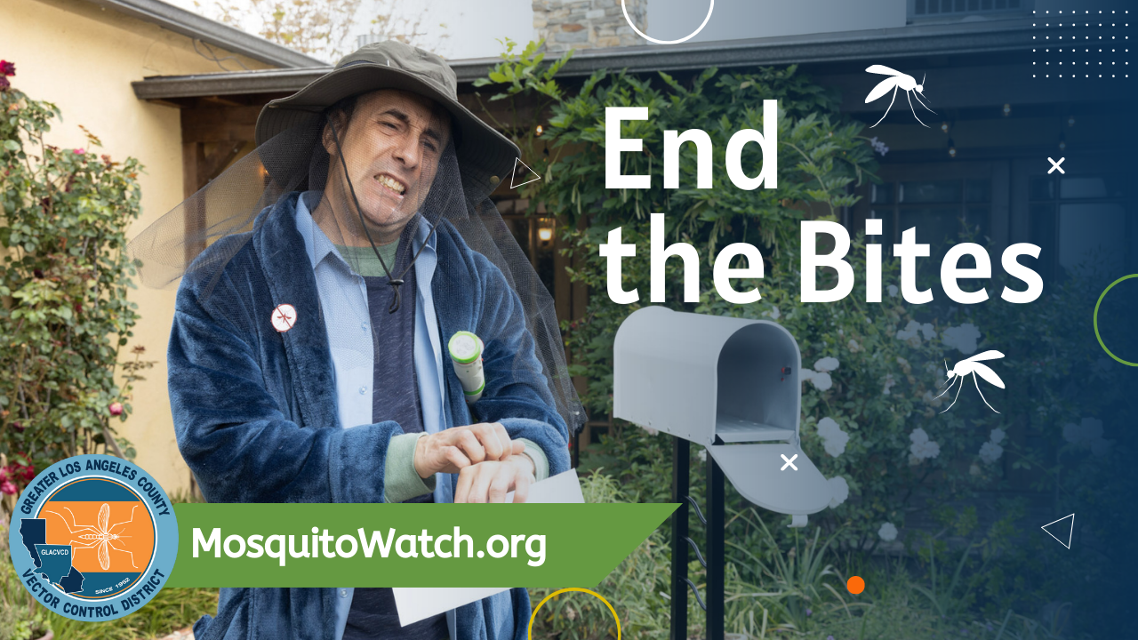 A person wearing protective gear promotes mosquito awareness with the message "End the Bites" and a web link for more info.
