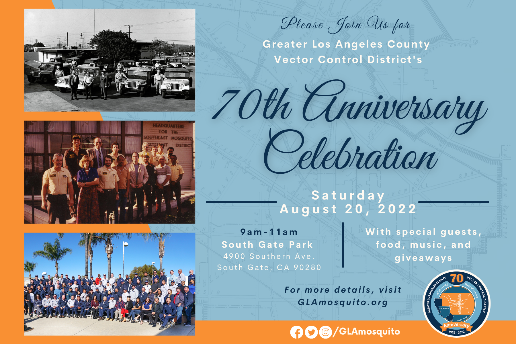Announcement for Greater LA County Vector Control District's 70th Anniversary Celebration on August 20, 2022, at South Gate Park.