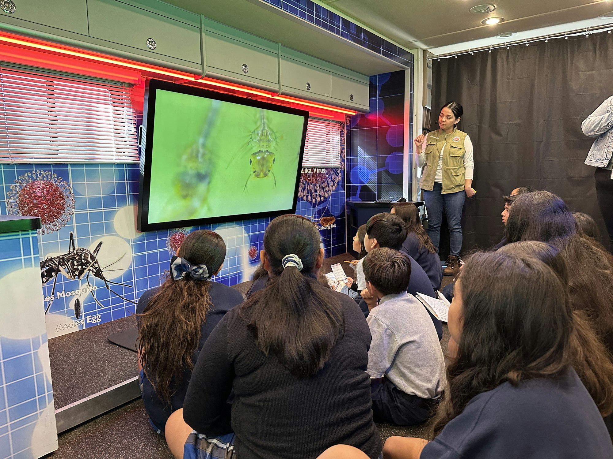 Classroom with students watching an educational presentation on mosquitoes and viruses.