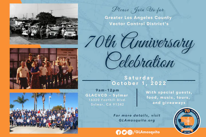 A flyer for the Greater Los Angeles County Vector Control District's 70th Anniversary Celebration on October 1, 2022.