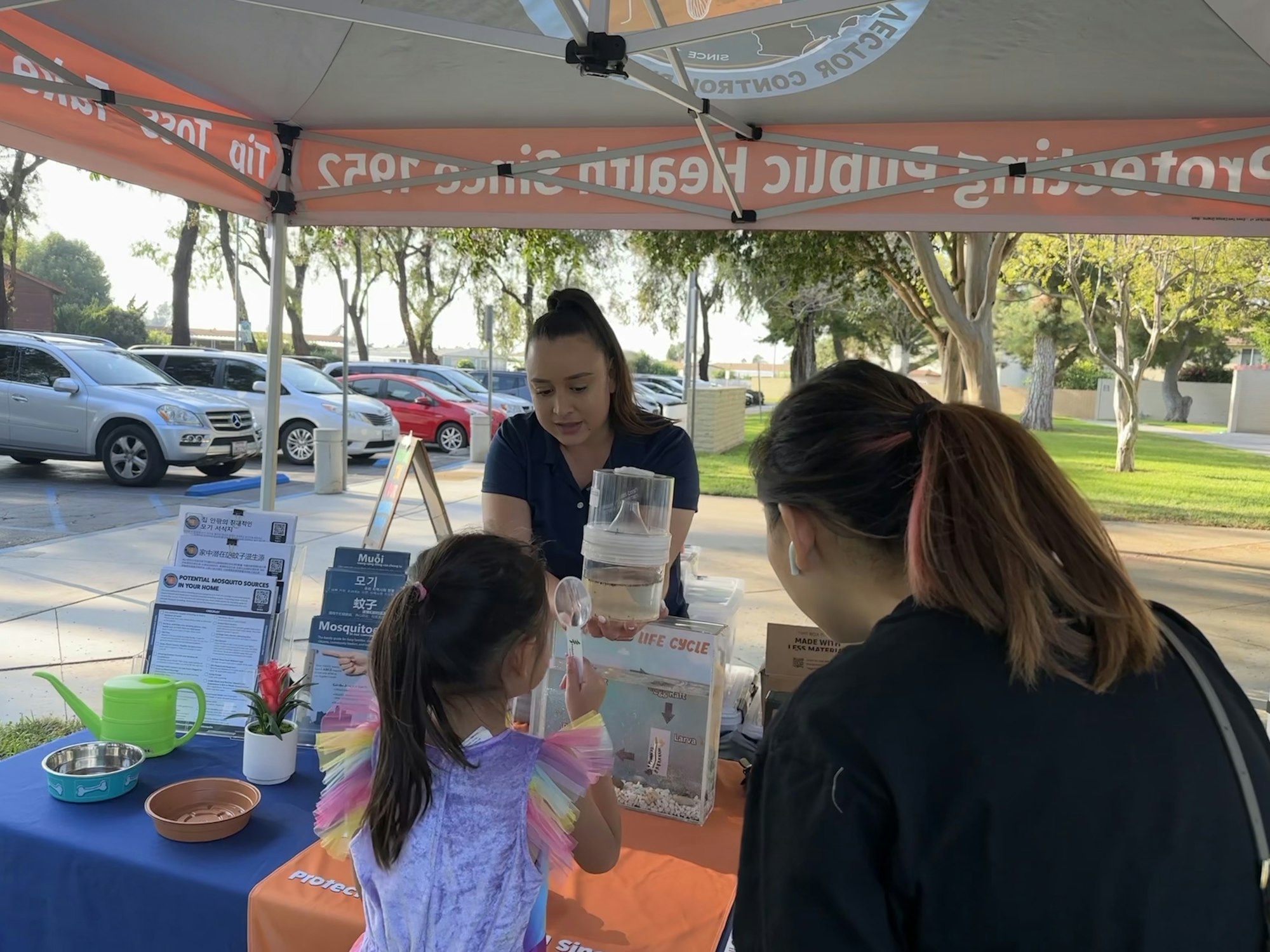 An educational booth with a woman showing a child and an adult a display about mosquitoes, likely part of a science or health event.