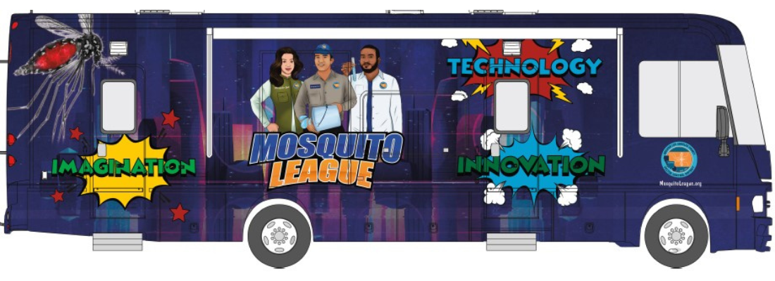 The image features a colorful truck design promoting "Mosquito League," showcasing themes of imagination, technology, and innovation.