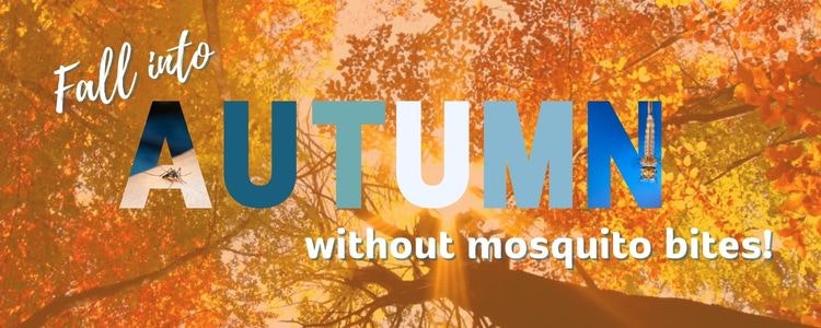 A colorful autumn-themed image promoting fall activities without mosquito bites.