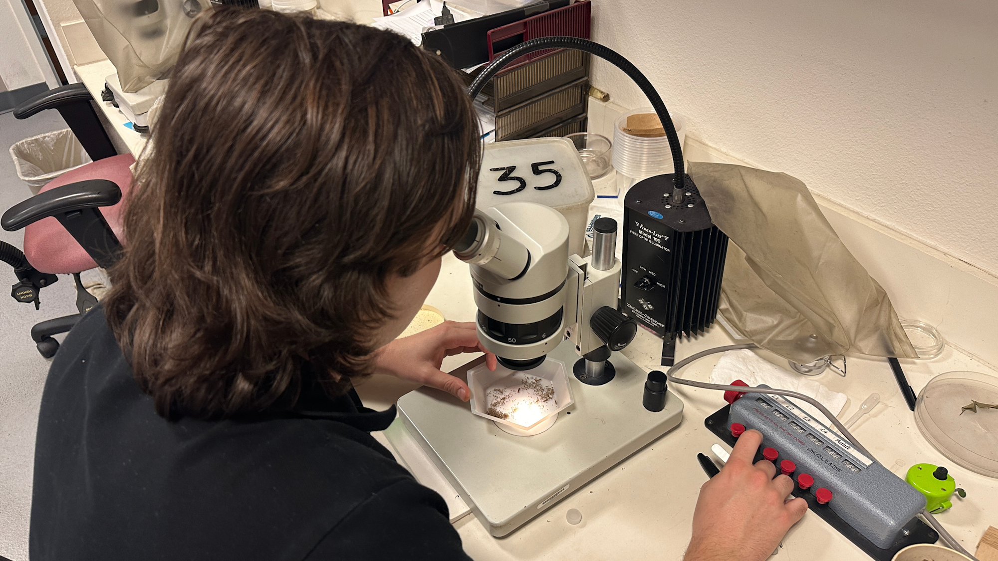 Person examining a sample under a microscope in a lab setting, surrounded by equipment and materials.