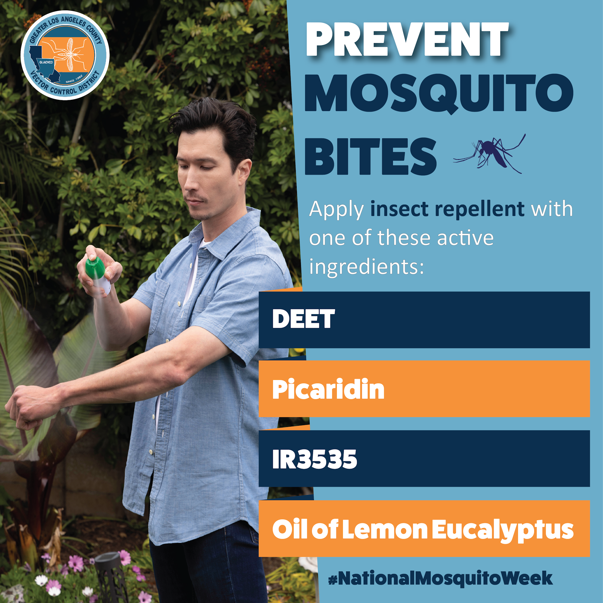 A man applying insect repellent to prevent mosquito bites, with a list of active ingredients like DEET and Picaridin. #NationalMosquitoWeek
