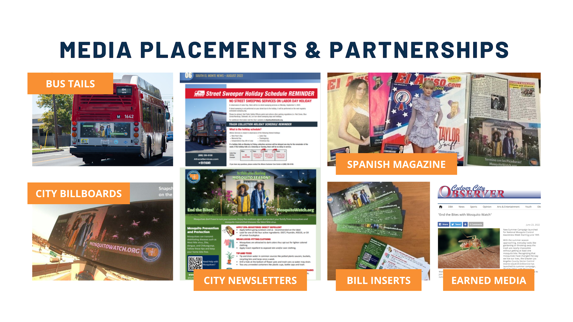 The image displays various media placements and partnerships, including bus tails, billboards, newsletters, and magazines.
