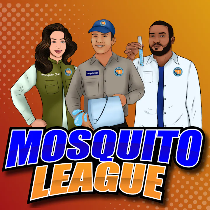 The image features three cartoon characters promoting a "Mosquito League," focused on mosquito inspection and control.