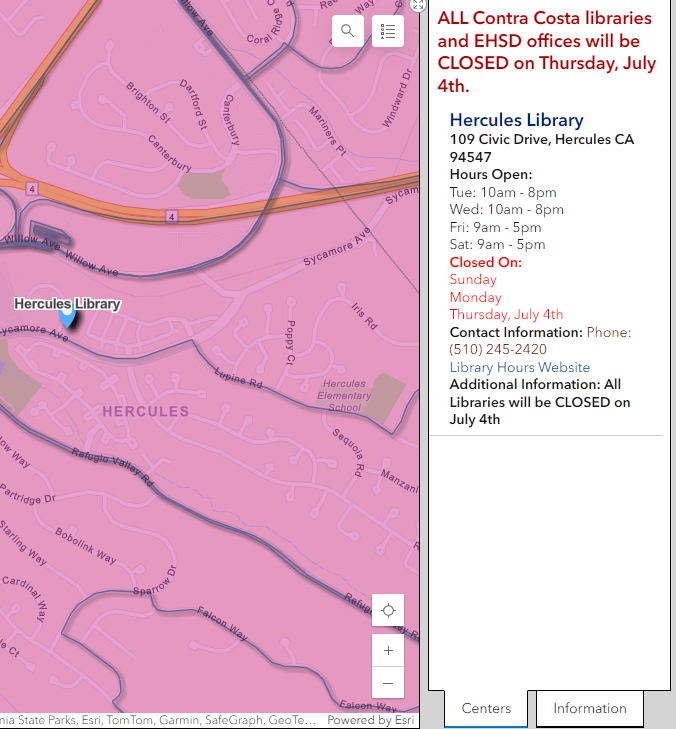 A map showing Hercules Library location with operating hours and a notice about closure on July 4th.