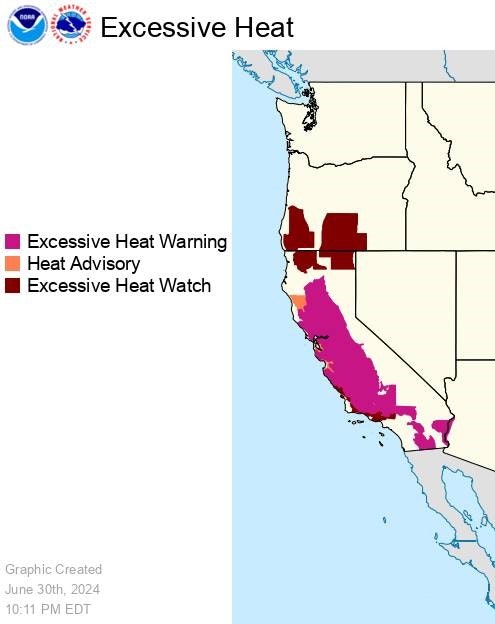 A weather map with excessive heat warnings and advisories for parts of the western US.