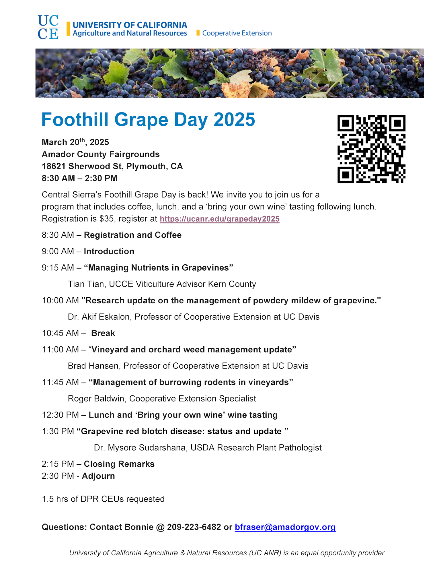 Foothill Grape Day 2025 event schedule, details, and registration for March 20 in Plymouth, CA. Contact info and QR code included.