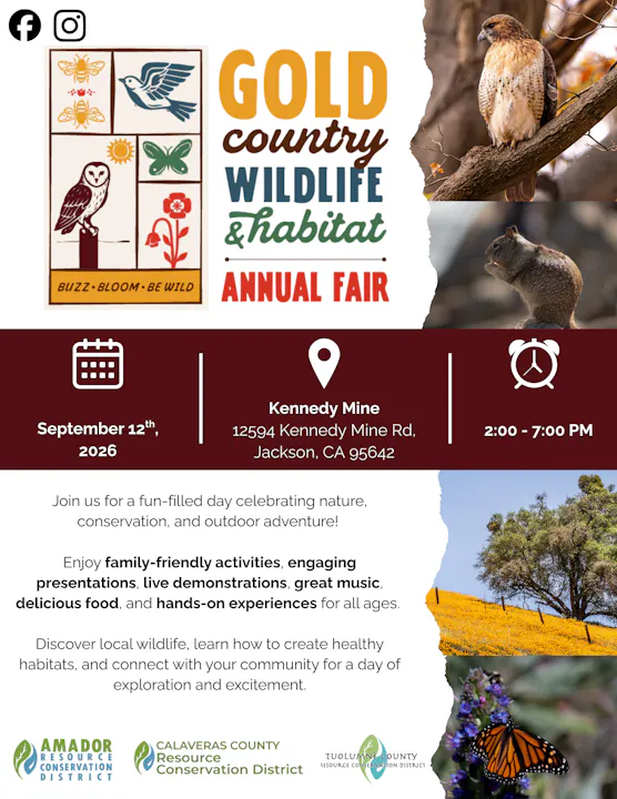 Annual Gold Country Wildlife & Habitat Fair on Sept 12, 2026, at Kennedy Mine, featuring activities, presentations, and local wildlife.