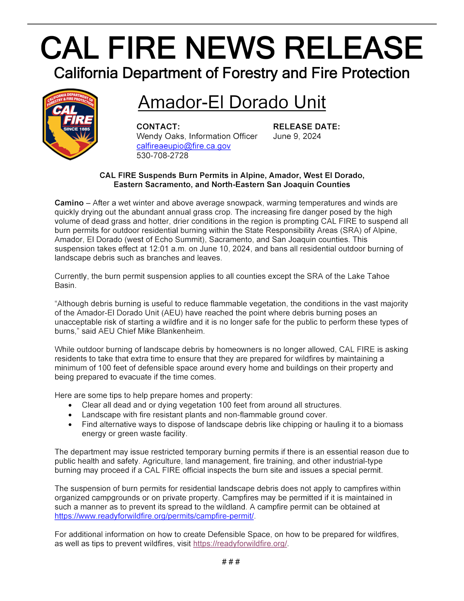 A CAL FIRE news release about suspending burn permits due to increased fire danger.