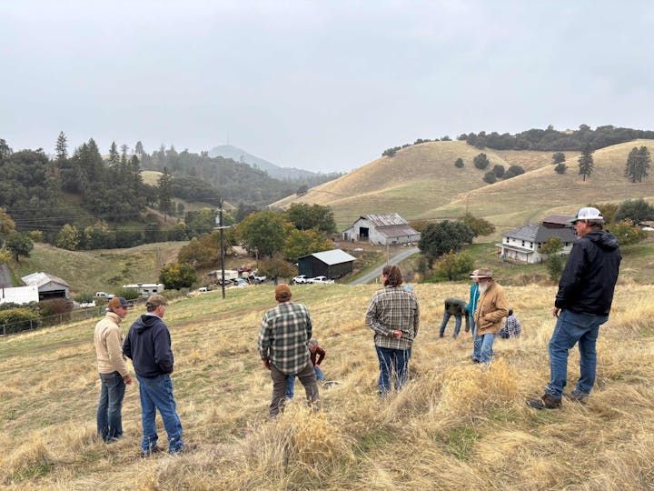 A group of people stands on a hillside, overlooking a rural landscape with hills, trees, and buildings in the distance.