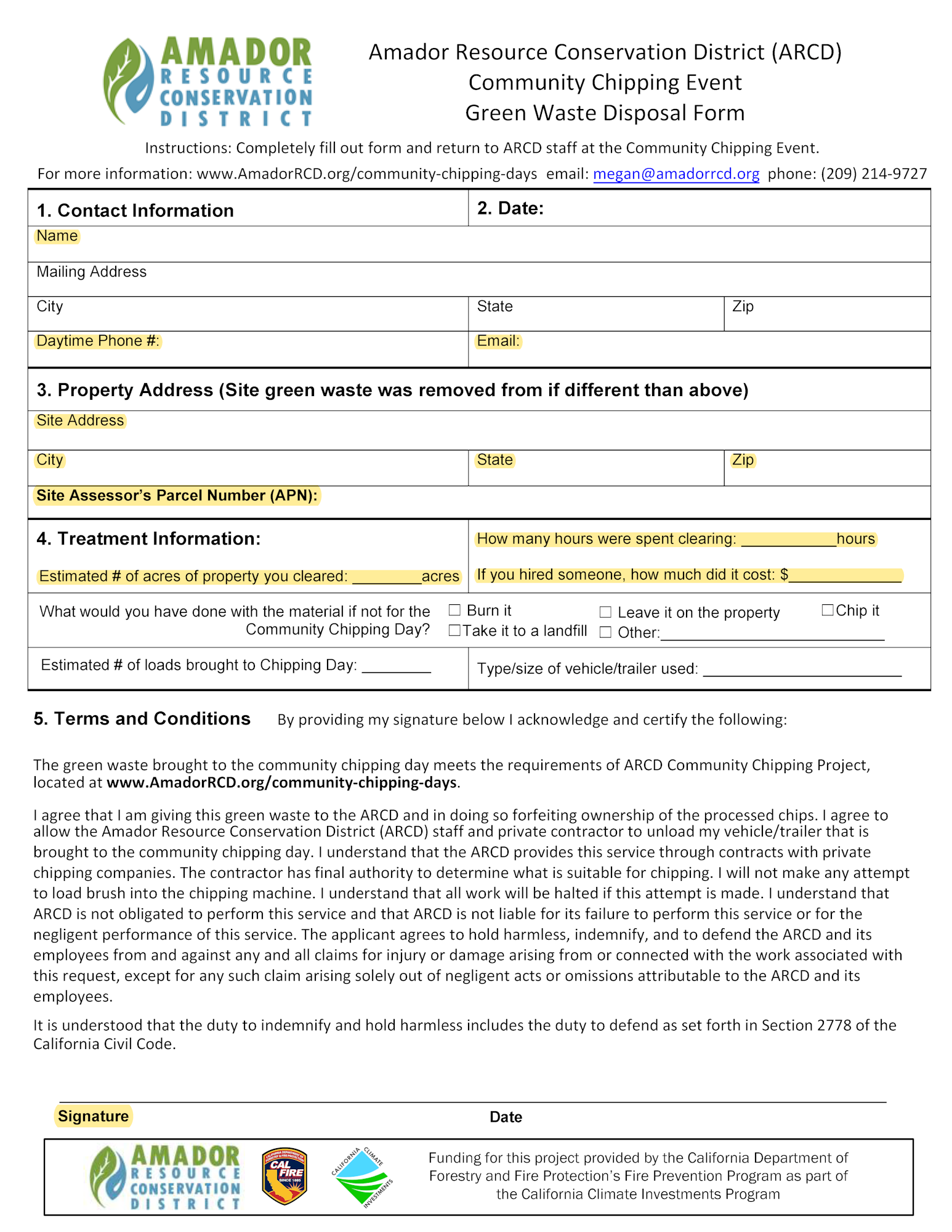 A form for a Community Chipping Event by the Amador Resource Conservation District, including contact details, property info, and terms.