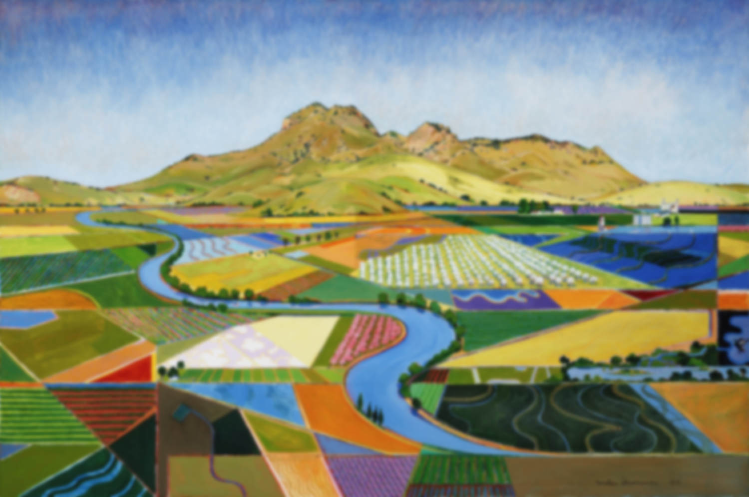 Painting of farmland landscape and a mountain