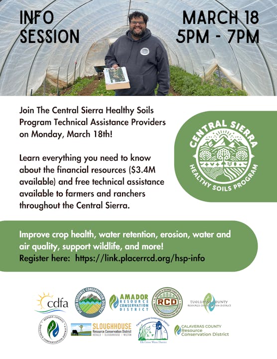A flyer promoting an info session on Central Sierra Healthy Soils Program on March 18th with a man in a greenhouse.