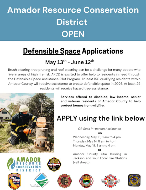 Amador Resource Conservation District offers Defensible Space assistance for residents. Apply from May 13 to June 12.