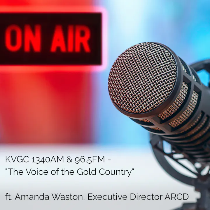 A microphone in a studio setting with an "ON AIR" sign. Featuring Amanda Waston from KVGC 1340AM & 96.5FM.