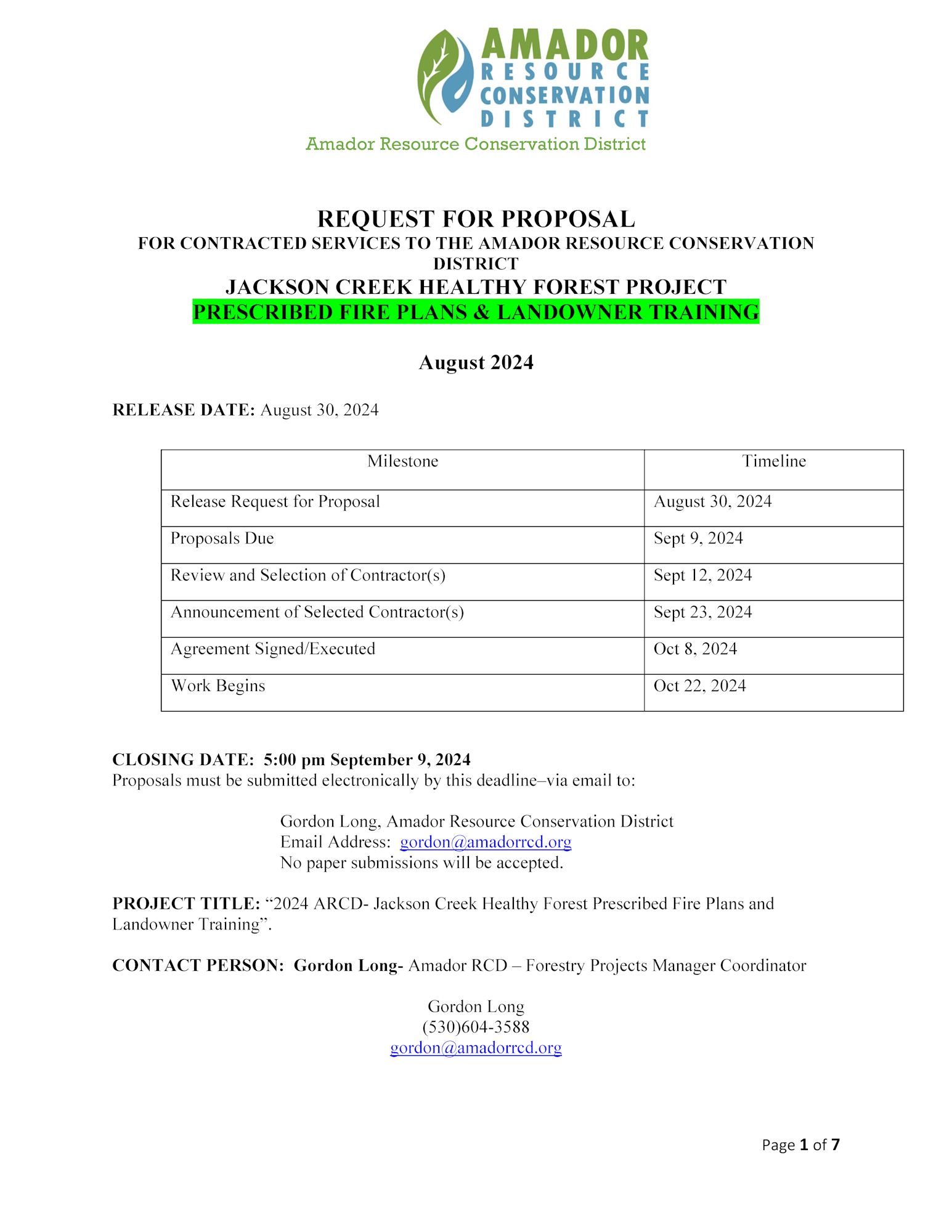 A Request for Proposal (RFP) document from the Amador Resource Conservation District for a forest project, including dates and contact info.