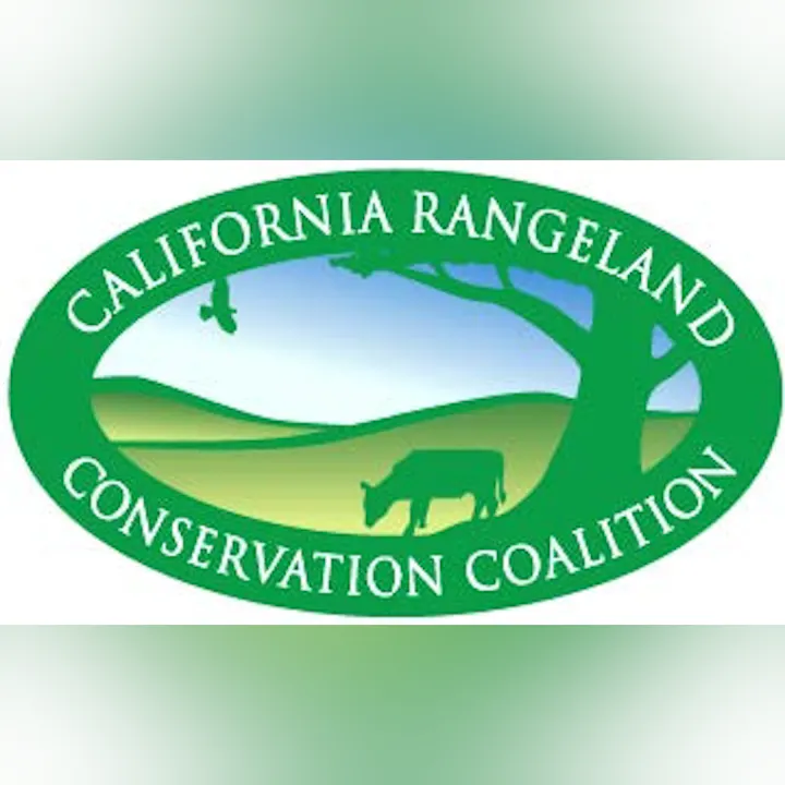 The image features a logo for the California Rangeland Conservation Coalition logo, depicting a cow, tree, and landscape.