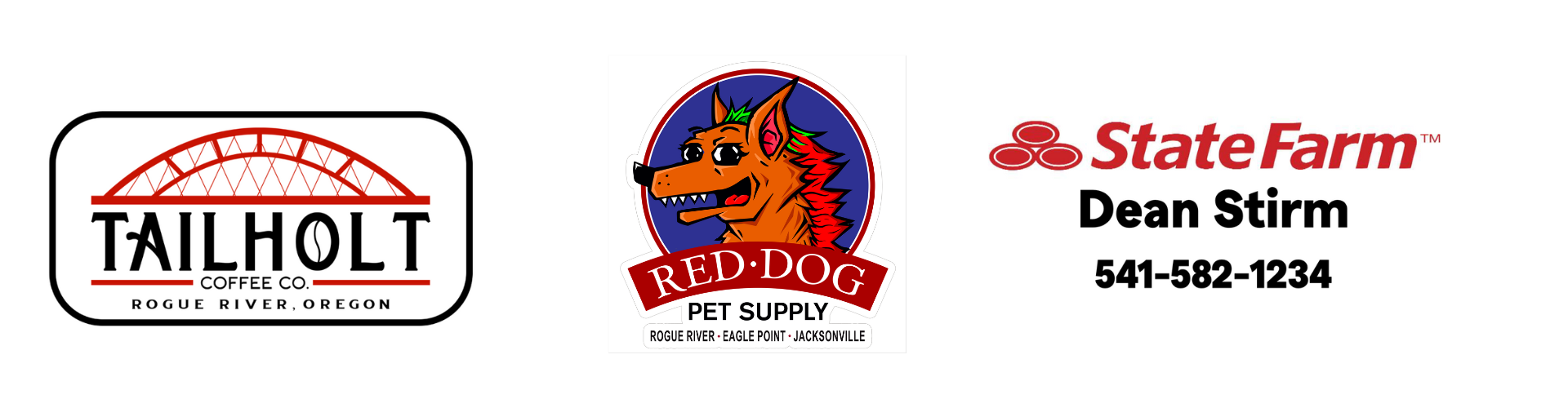 Three logos: Tailholt Coffee Co., Red Dog Pet Supply, and State Farm with contact info for Dean Stirm.
