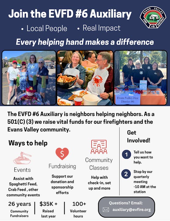 EVFD #6 Auxiliary flyer promoting community involvement, events, fundraising, and classes to support local firefighters.
