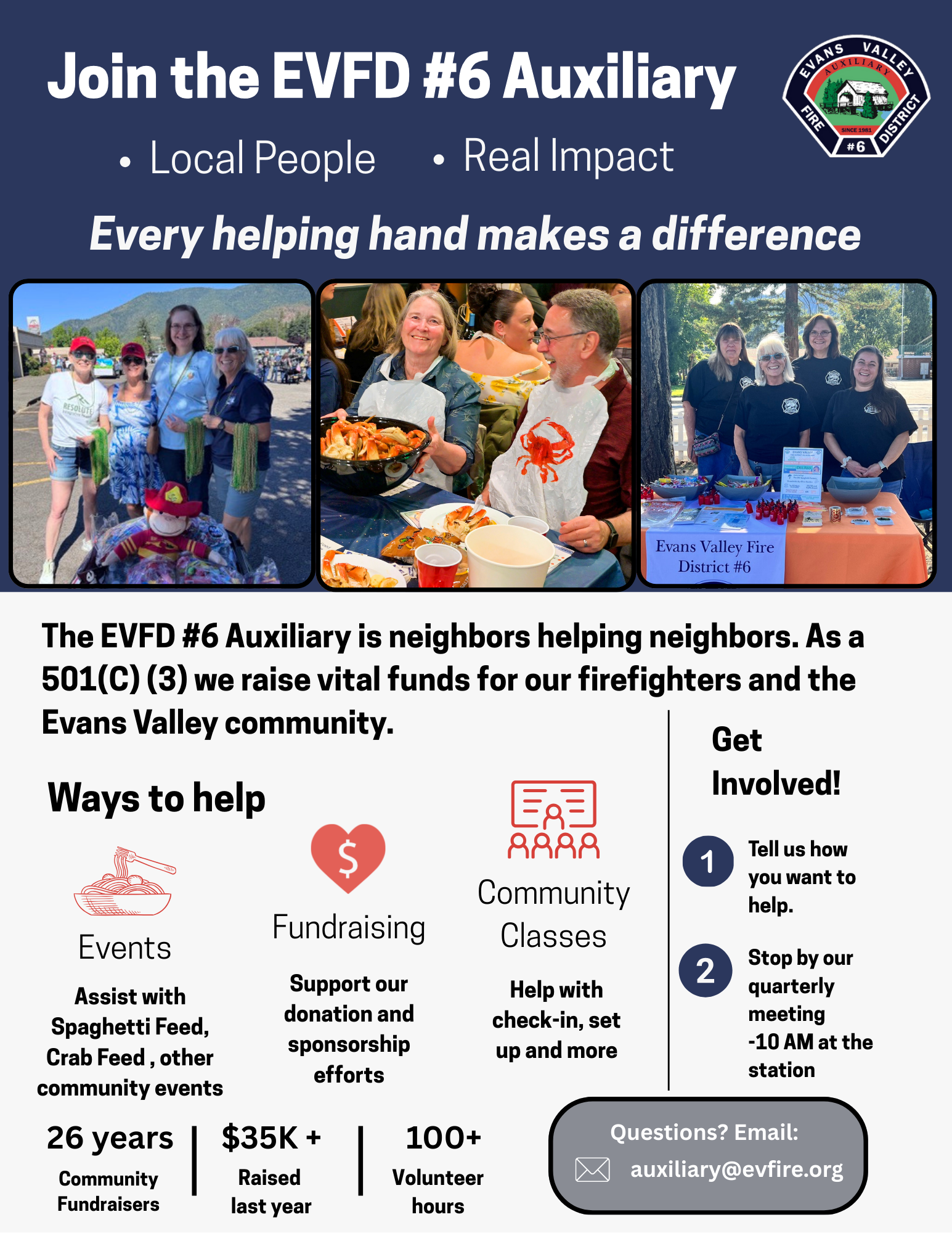 EVFD #6 Auxiliary flyer promoting community involvement, events, fundraising, and classes to support local firefighters.