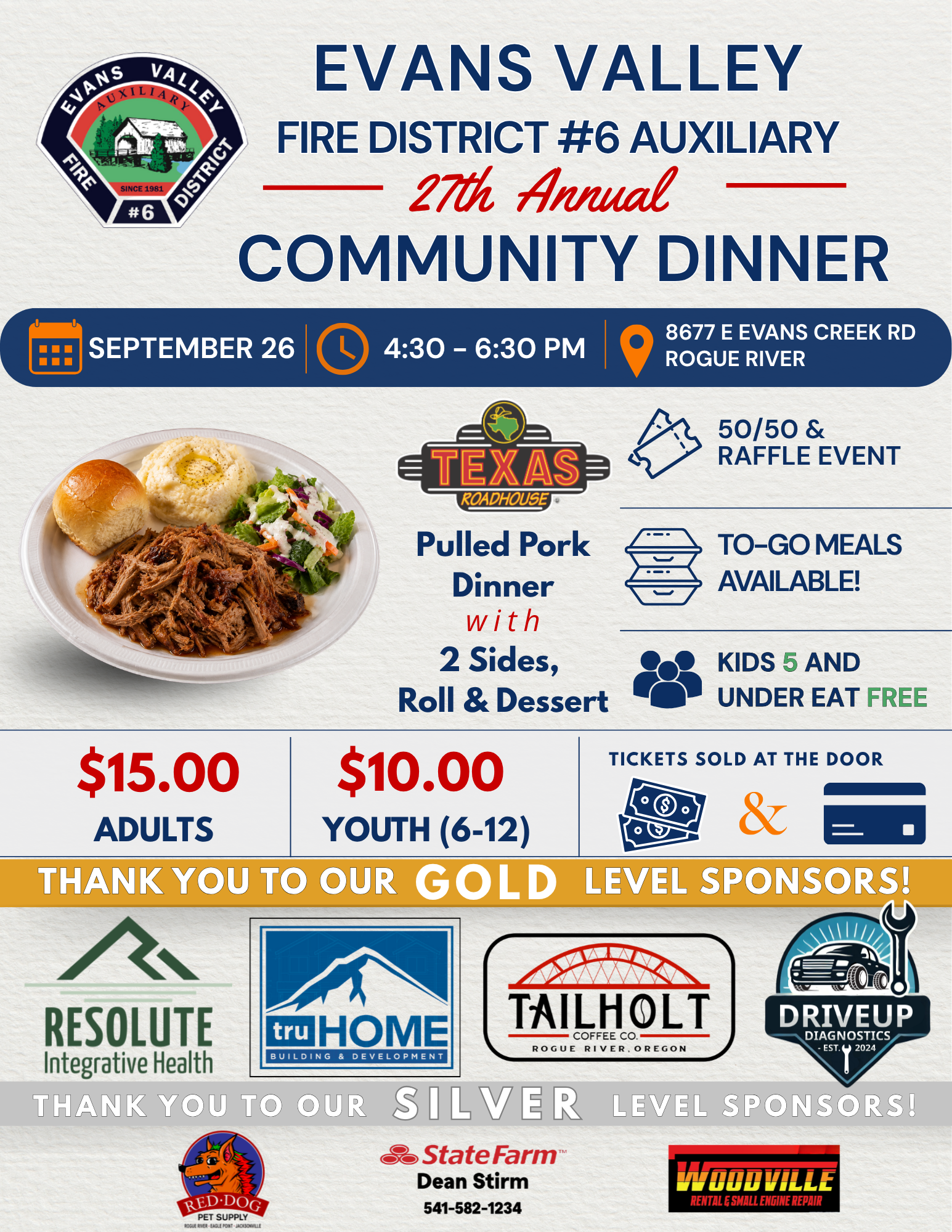 Community dinner on Sept 26 at Evans Valley Fire District #6 from 4:30-6:30 PM. Pulled pork, sides, and raffle. Kids eat free!