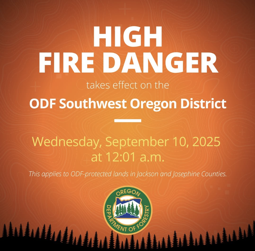 High fire danger in ODF Southwest Oregon District starts September 10, 2025, 12:01 a.m., affecting Jackson and Josephine Counties.