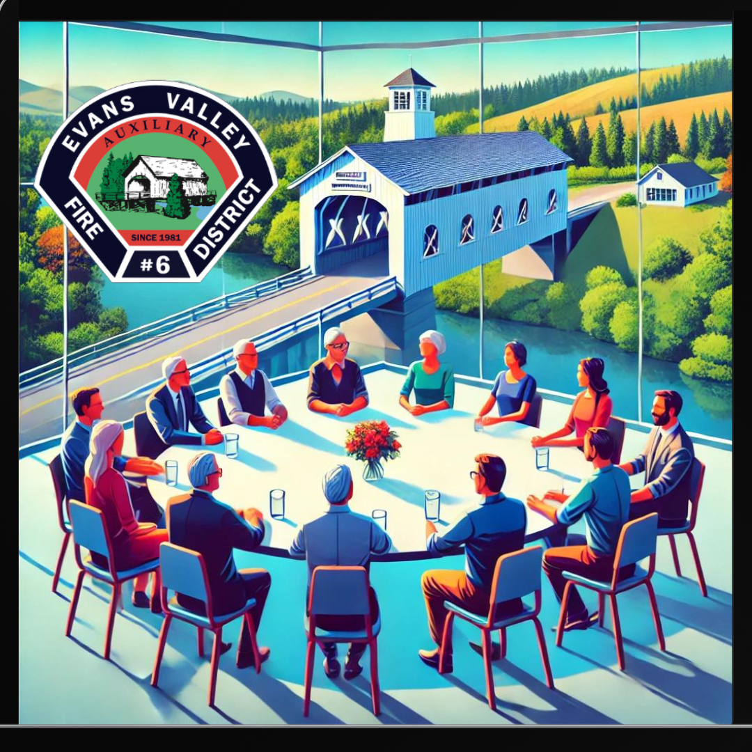 Illustration of a group of people in a meeting with a scenic background visible through large windows.