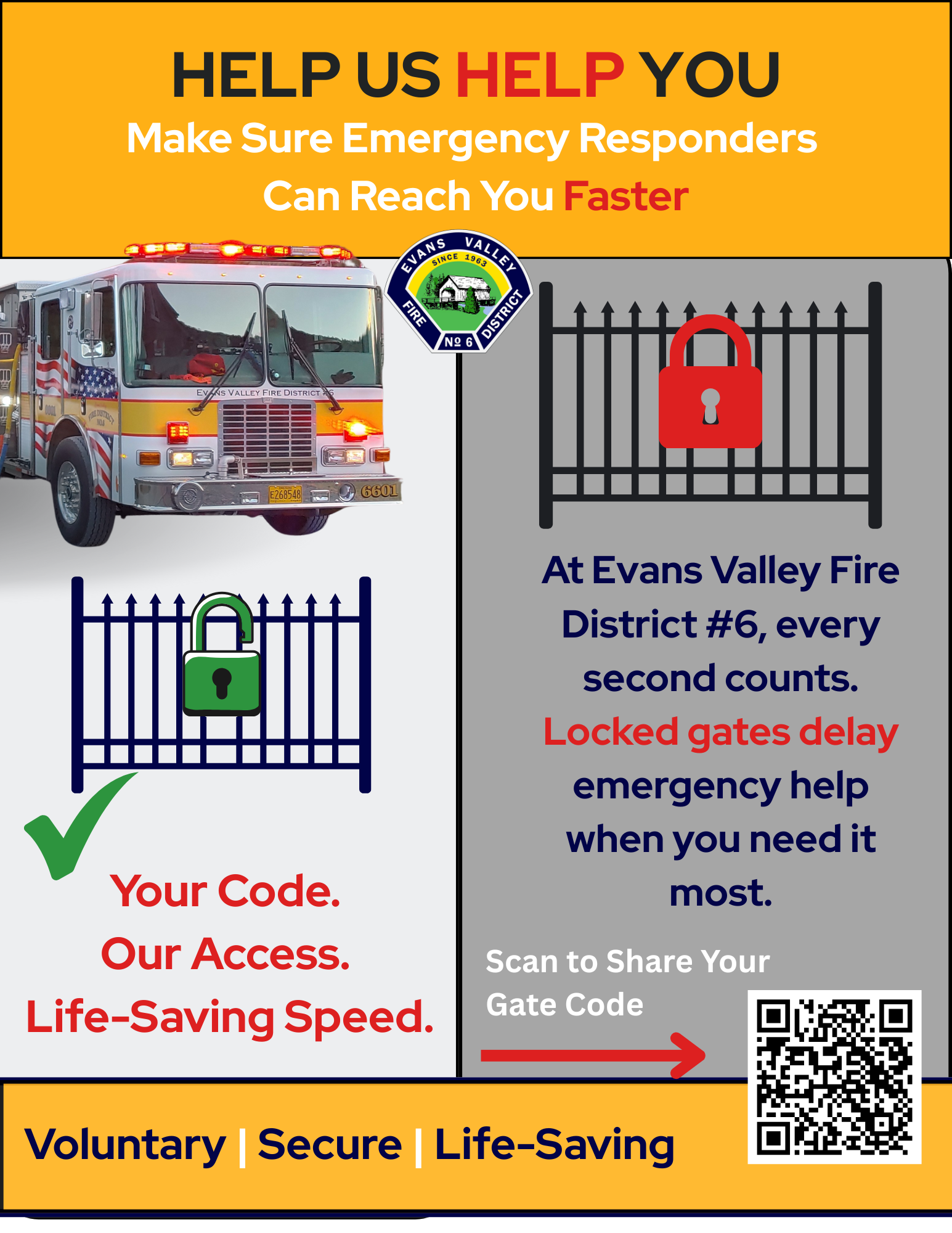 Fire safety notice urging to share gate codes for faster emergency access, featuring fire truck and QR code for Evans Valley Fire District.