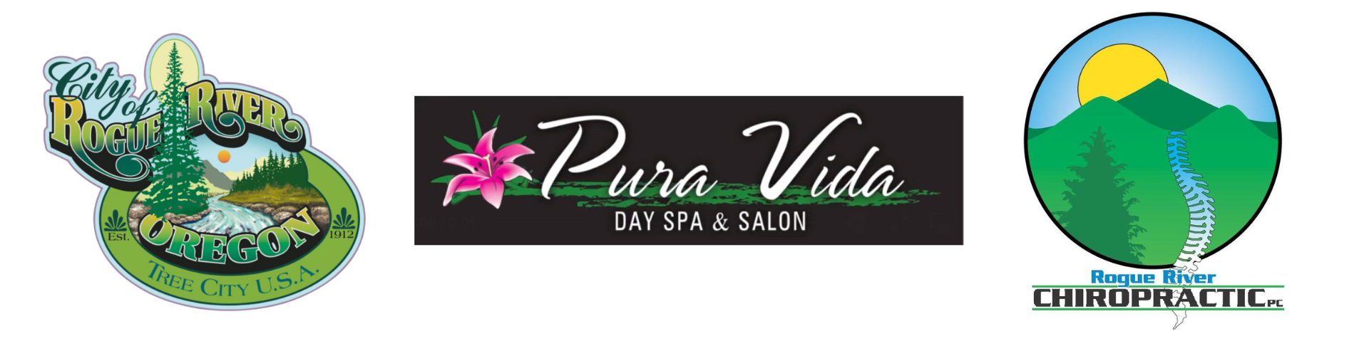 Three logos: City of Rogue River, Oregon; Pura Vida Day Spa & Salon; Rogue River Chiropractic, PC.