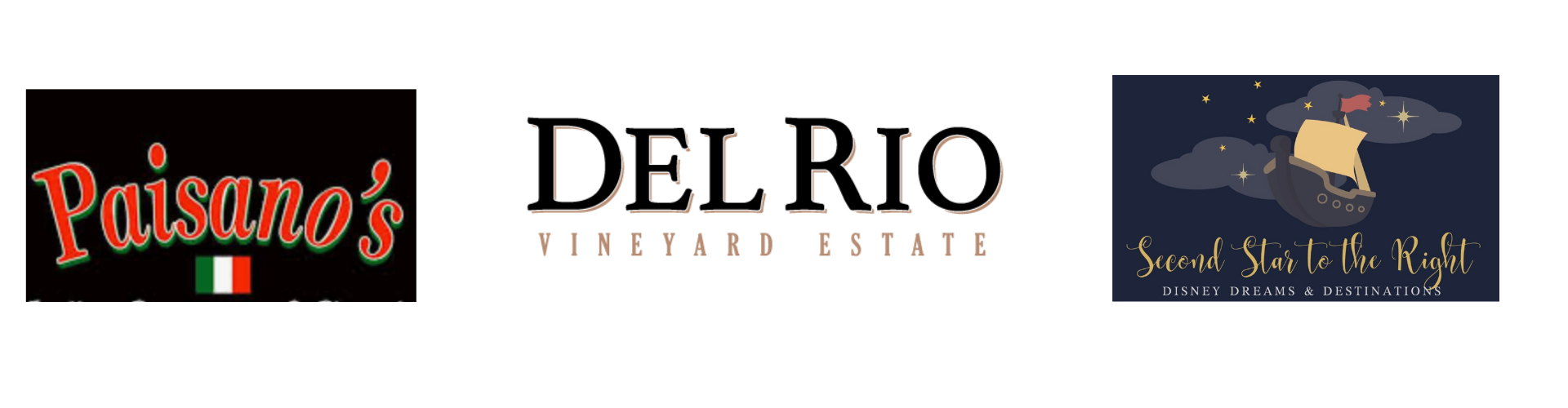 Three logos: Paisano's, Del Rio Vineyard Estate, and Second Star to the Right.
