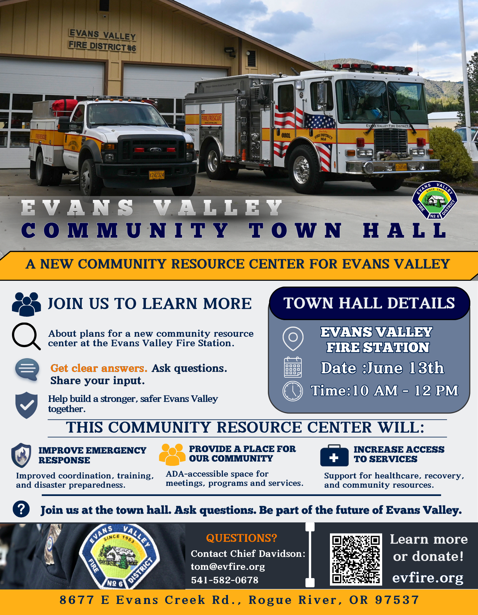 Evans Valley Community Town Hall on June 13, 10 AM-12 PM at the Fire Station; learn about a new resource center.