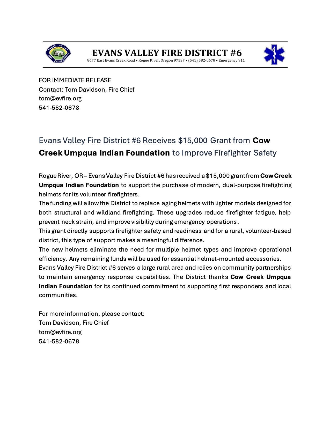 Evans Valley Fire District #6 received a $15,000 grant for modern helmets to enhance firefighter safety and efficiency.