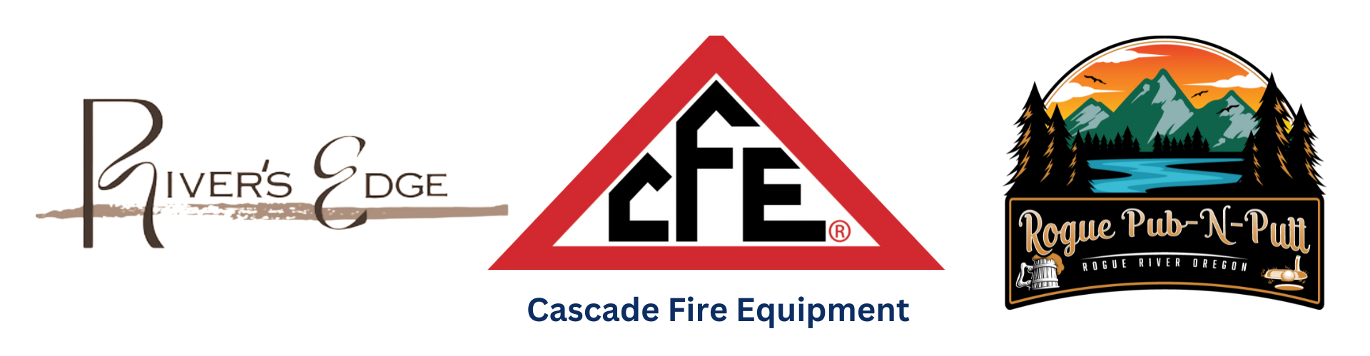Three logos: River's Edge, Cascade Fire Equipment, and Rogue Pub-N-Putt with a nature scene.