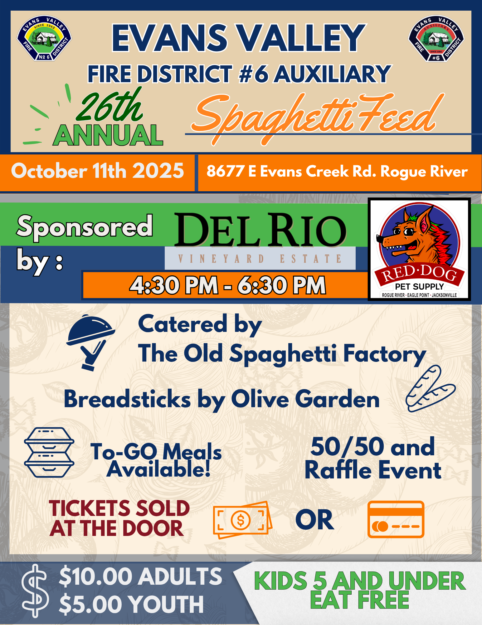 Evans Valley Spaghetti Feed on October 11, 2025, 4:30-6:30 PM. Adults $10, youth $5. Kids 5 and under free. Raffle and to-go meals available.