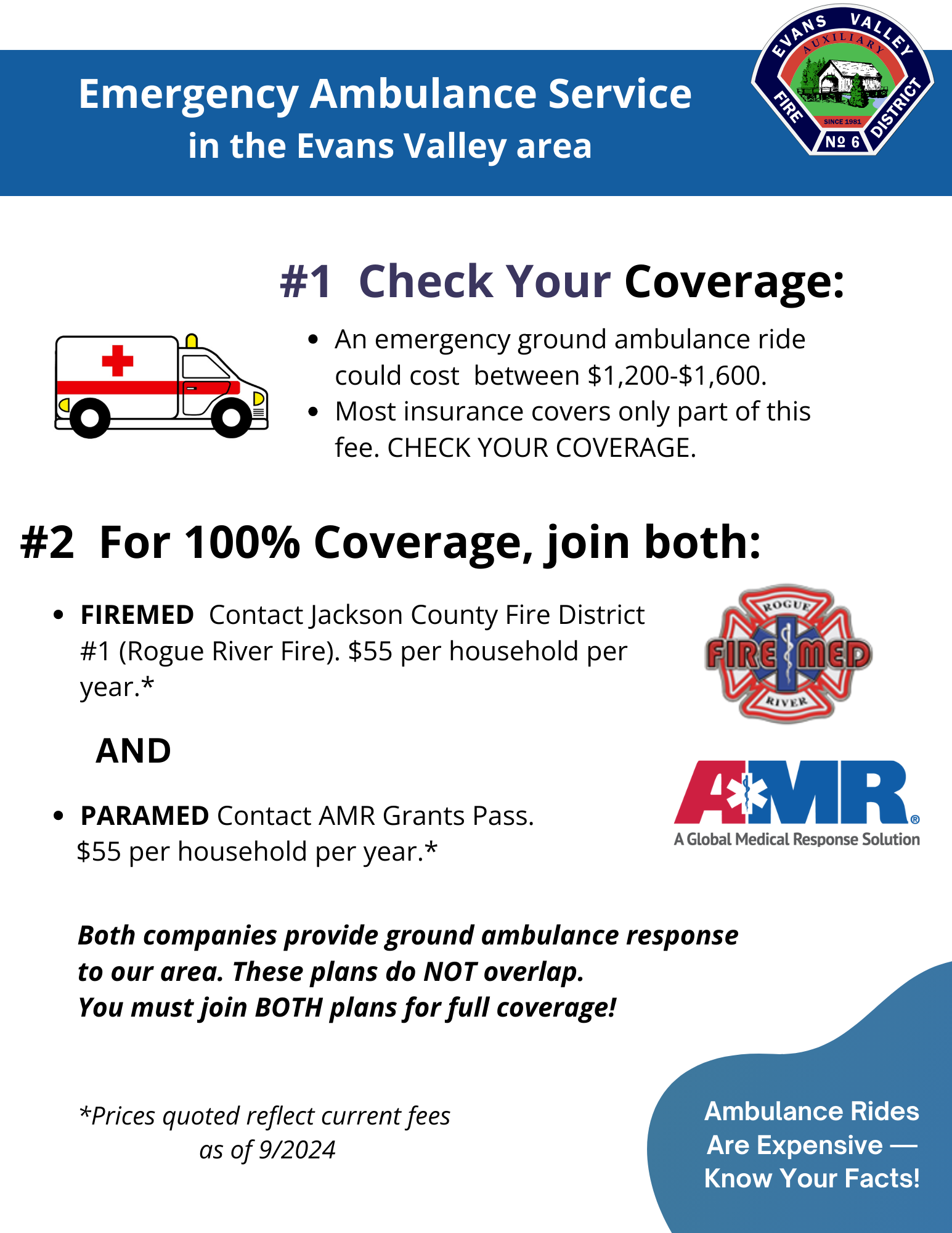An infographic about ambulance service coverage and costs for the Evans Valley area, advising on insurance and offering a combined coverage solution.