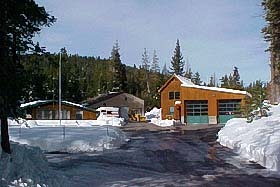 Snowy road leading to buildings surrounded by trees.